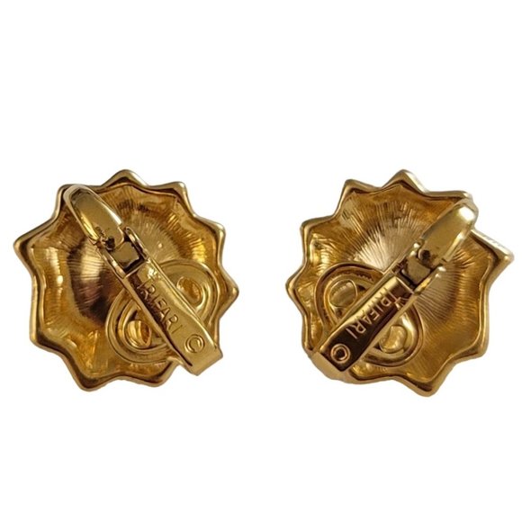 Trifari Crown Over T Gold Tone Starburst Center Faux Pearl Clip On Earrings K992 - Picture 7 of 11